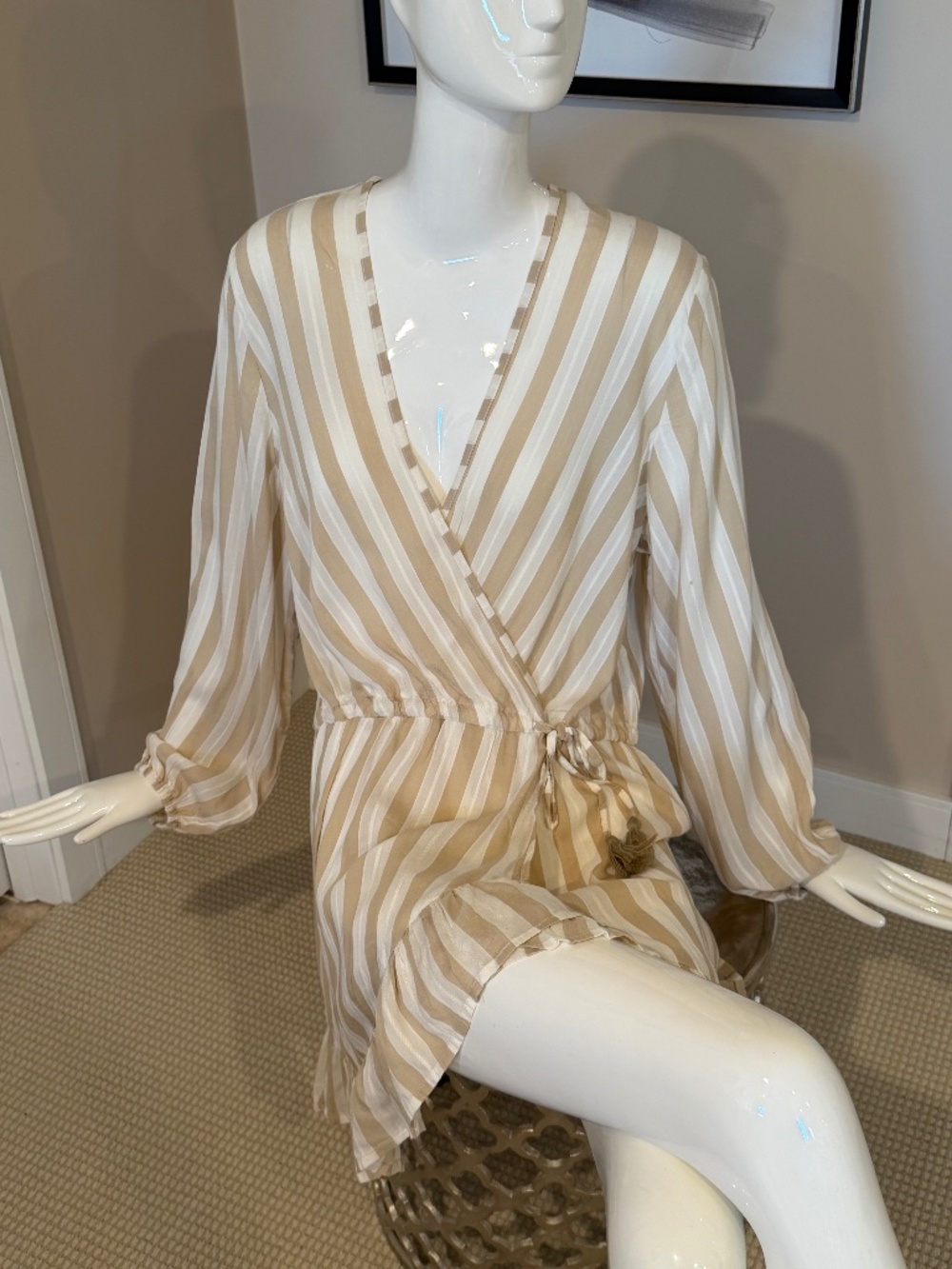 Blue Island Size L ( 12 14) NEW NWT Tan White Stripe Sun dress Swimsuit-Coverup